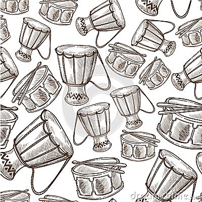 Djembe or jembe drum musical instrument seamless pattern Vector Illustration