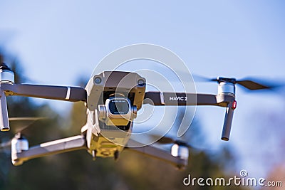 DJI Drone Mavic 2 Pro closeup flying against blue sky Editorial Stock Photo