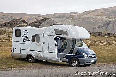 Ford camper parked in rural Icelandic landscape Editorial Stock Photo