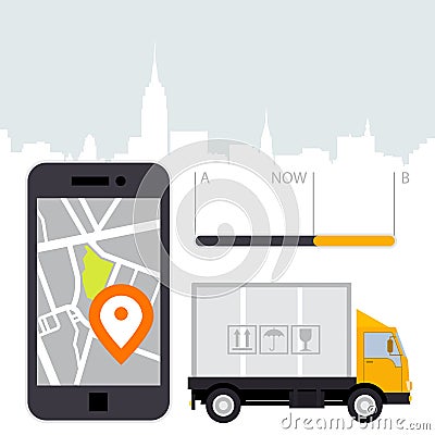 Dlivery of cargo - location tracker app and mobile Vector Illustration