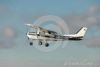 DLOUHA LHOTA CZECH REP - JAN 27 2021. Cessna 150 small sports plane takes off at the airport in Dlouha Lhota Editorial Stock Photo