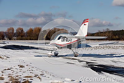 DLOUHA LHOTA CZECH REP - JAN 27 2021. SportCruiser small sports plane. The small SportCruiser takes off on a snowy runway Editorial Stock Photo