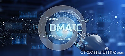 DMAIC Six Sigma Lean Quality control Business technology Concept. Robotic arm 3D rendering. Stock Photo