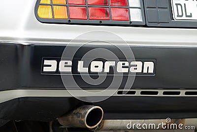 DMC DeLorean Logo Sign Close up Editorial Stock Photo