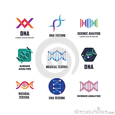 Dna code biotech vector science genetics logo. Helix molecule biotechnology emblems Vector Illustration