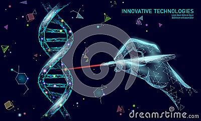 DNA 3D structure editing medicine concept. Low poly polygonal triangle gene therapy cure genetic disease. GMO Vector Illustration