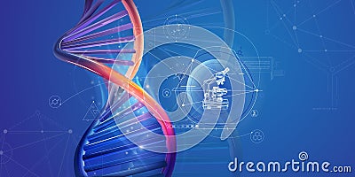 DNA double helix and infographics with microscope. Vector Illustration