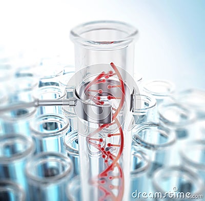 DNA double helix inside test tube. 3D illustration Cartoon Illustration