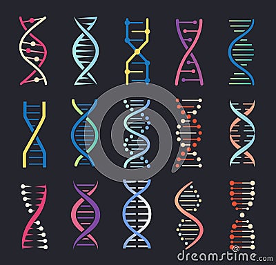 Dna helix icons. Gene spiral molecule structure, human genetic code, chromosome chain logo. Genetics science Vector Illustration