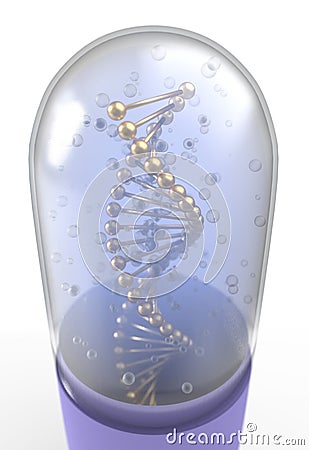 DNA helix inside pill capsules standing 3d illustration Stock Photo