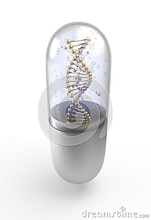 DNA helix inside pill capsules standing 3d illustration Stock Photo