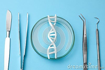 DNA helix research. Concept of genetic experiments on human biological code DNA. Medical instrument scalpel and forceps. Stock Photo