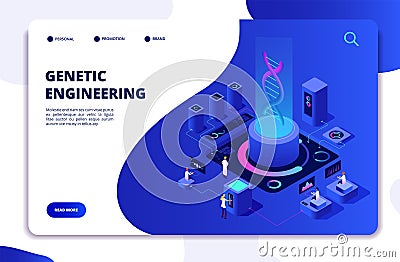 DNA isometric concept. Genetic engineering lab with people scientists. Doctors researching cells. DNA gene therapy Vector Illustration