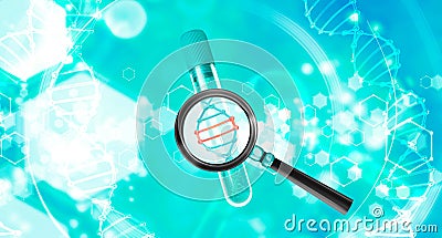 DNA in magnifying magnifier. 3d model of a medical tube with a DNA molecule inside. Stem cell storage bank. 3d rendering Cartoon Illustration