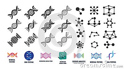 DNA molecular structure. Molecule icons, isolated lab signs. Chemical medical biotechnology research, genetic science Vector Illustration