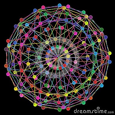 DNA Molecule Fractal Network Structure. Colorful DNA string connection concept, isolated on black background. Stock Photo
