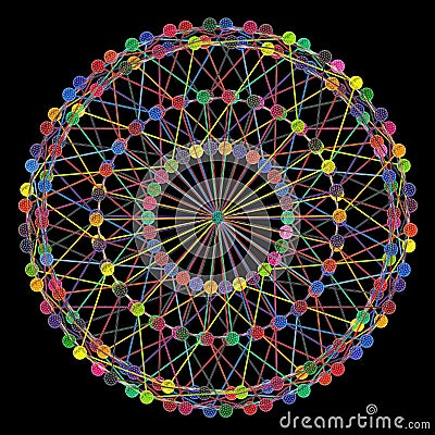 DNA Molecule Fractal Network Structure. Colorful DNA string connection concept, isolated on black background. Stock Photo