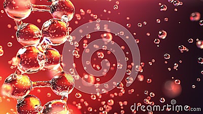 DNA molecule and multiple droplets against red backdrop, shallow focus. Biochemistry, medicine or blood test related Stock Photo