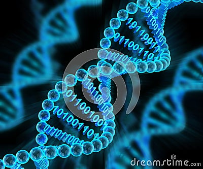 DNA molecules with binary code, 3d render Stock Photo