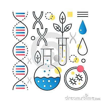DNA research, Biotechnology, Genetic analysis vector concept in trendy line with gradient flat color. Vector Illustration