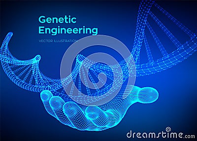 DNA sequence in hand. Wireframe DNA molecules structure mesh. DNA code editable template. Science and Technology concept. Vector Cartoon Illustration