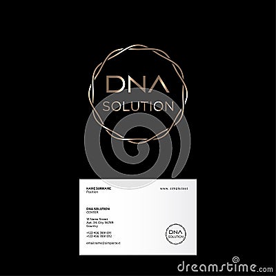 DNA solution logo. DNA emblem. Double spiral as gold circle. Business card. Vector Illustration