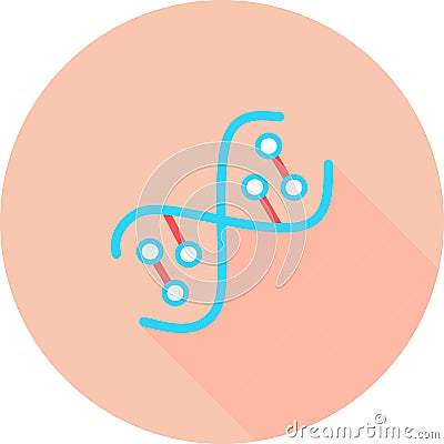 DNA spiral in circle icon with long shadows. Deoxyribonucleic, nucleic acid helix. Spiraling strands. Chromosome. Molecular biolog Cartoon Illustration