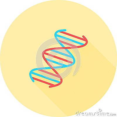 DNA spiral in circle icon with long shadows. Deoxyribonucleic, nucleic acid helix. Spiraling strands. Chromosome. Molecular biolog Cartoon Illustration