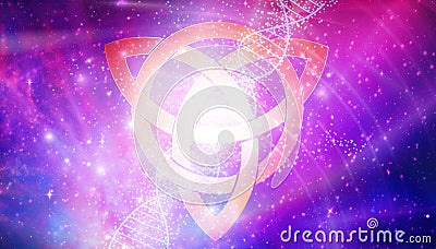 DNA spiral glowing in Universe fractals, Celtic Trinity, Triskelion, Holy Trinity spiritual symbol of Eternity, Triquetra Stock Photo