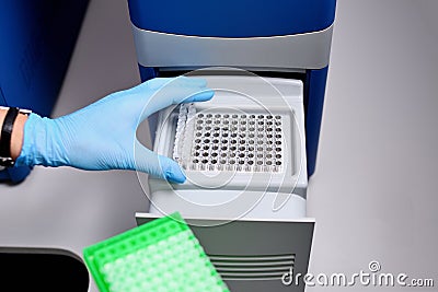 Dna test in the lab. the technician inserts the test tubes into the dna analyzer. Gloved hands close up Stock Photo