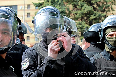 Dnepr city, Ukraine, May 9 Police in helmets protect law and order at a mass event Editorial Stock Photo