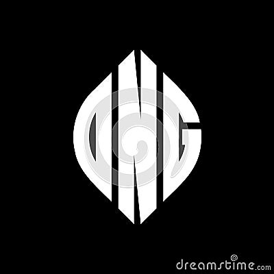 DNG circle letter logo design with circle and ellipse shape. DNG ellipse letters with typographic style. The three initials form a Vector Illustration