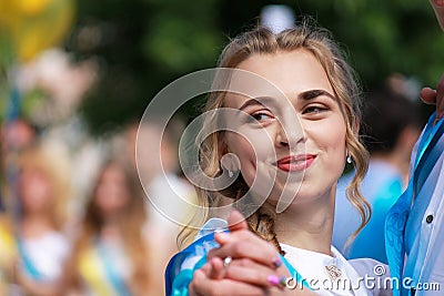 Dnipro city, Dnepropetrovsk, Ukraine 26 05 2018. Beautiful girl dancing on the graduation celebration of the school, the last bell Editorial Stock Photo