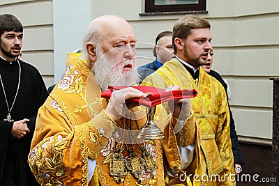 The head of the Ukrainian Orthodox Church of the Kiev Patriarchate, Patriarch Filaret consecrates the church in Dnepropetrovsk Editorial Stock Photo