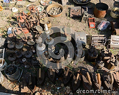 Dnipro, UKRAINE - September 2017: Flea market in Dnipro. Old vintage stuff for sale. Different used products: gas lamps Editorial Stock Photo