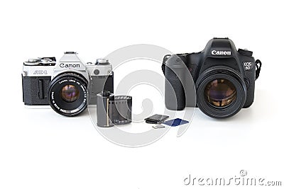 Ð¡oncept of digital and analog reflex Canon cameras Editorial Stock Photo