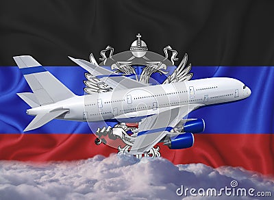 Dnr flag with white airplane and clouds. The concept of tourist international passenger transportation Stock Photo