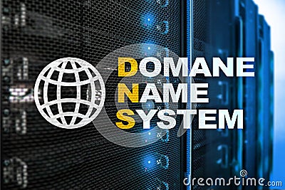 Dns - domain name system, server and protocol. Internet and digital technology concept on server room background Stock Photo