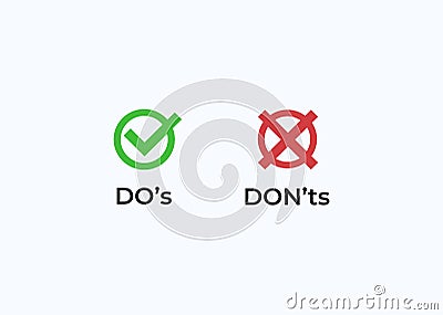 Do and dont icon. Correct and good green event and negative negatory red impact confirmation. Vector Illustration
