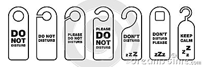 Do not disturb. Outline don`t disturb label. Busy tag in hotel. Do not disturb hanging banner. Private message warn. Door tag in Vector Illustration