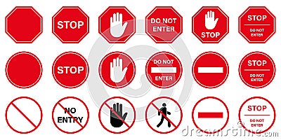 Do Not Enter Red Circle Symbol. Caution No Allowed Entry Stop Road Sign. Entrance Prohibited. Warning Palm Hand Ban Vector Illustration