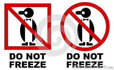 Do not freeze symbol. Red crossed penguin drawing with text under. Square and circle version. Vector Illustration