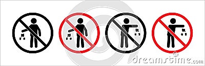 Do not litter sign set. Do not littering icon. Littering forbidden signs. Round shape signage. Vector stock illustration Cartoon Illustration