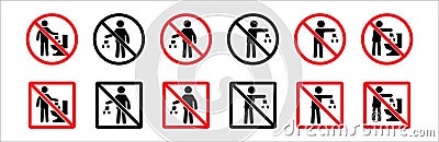 Do not litter sign set. Do not littering icon. Littering forbidden signs. Round and square shape signage. Vector stock Cartoon Illustration