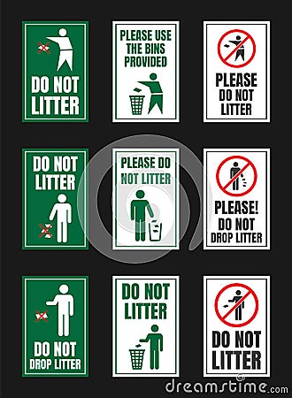 No littering vector igns, do not throw rubbish icons Vector Illustration