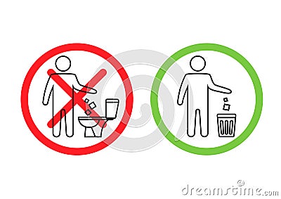 Do not litter in the toilet. Toilet no trash. Keeping the clean. Please do not flush paper towels, sanitary products, icons. Vector Illustration