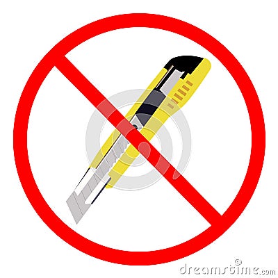Do not open with knife on white background. Do not use cutter knife sign. cutter or Knife Prohibited symbol. flat style Vector Illustration