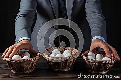 Do not put all eggs in one basket in business. Businessman allocate egg into many baskets. Stock Photo