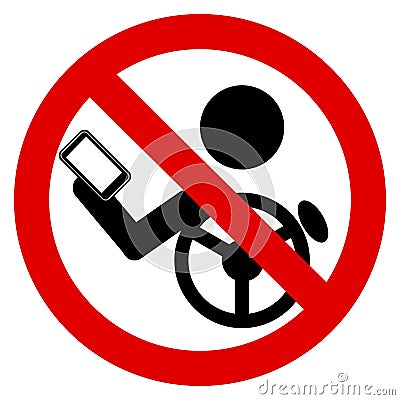 Do not use phone while driving, ban sign with silhouette of driver and monile phone Vector Illustration