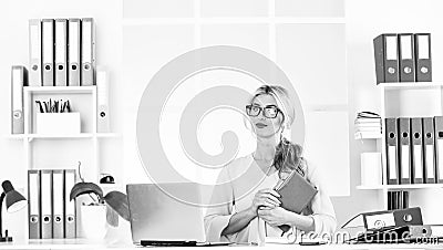 Do It Now. receptionist work on reception. female business leader. woman sit at her desk in office. Business woman Stock Photo